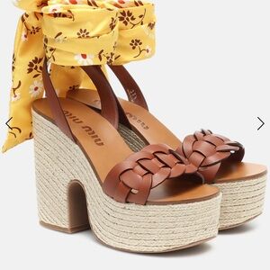 Miu Miu Tan Woven Platform Heels